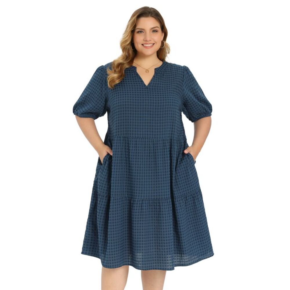 Women Plus Size Notch Neck Puff Sleeve Gingham Dress Navy Blue